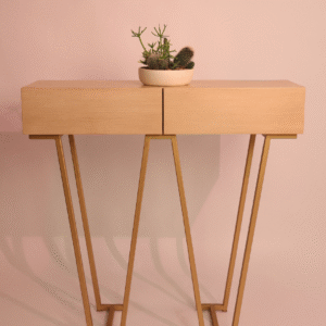 Geo V‑Leg Console Table — Blonde Oak & Gold