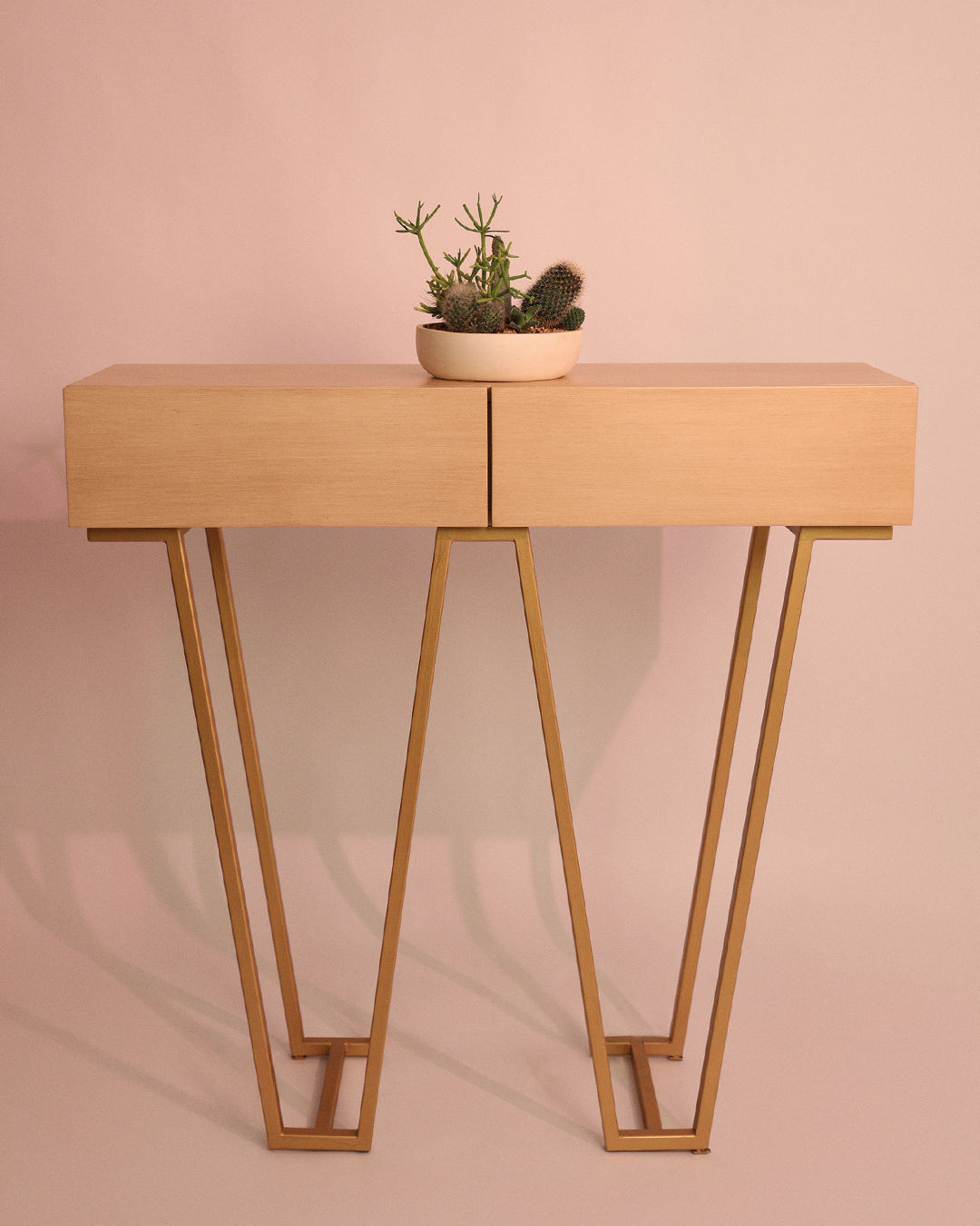 Geo V‑Leg Console Table — Blonde Oak & Gold