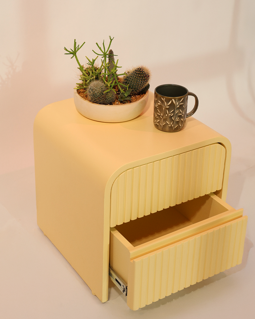 Fluted Bedside Chest — Butter Yellow