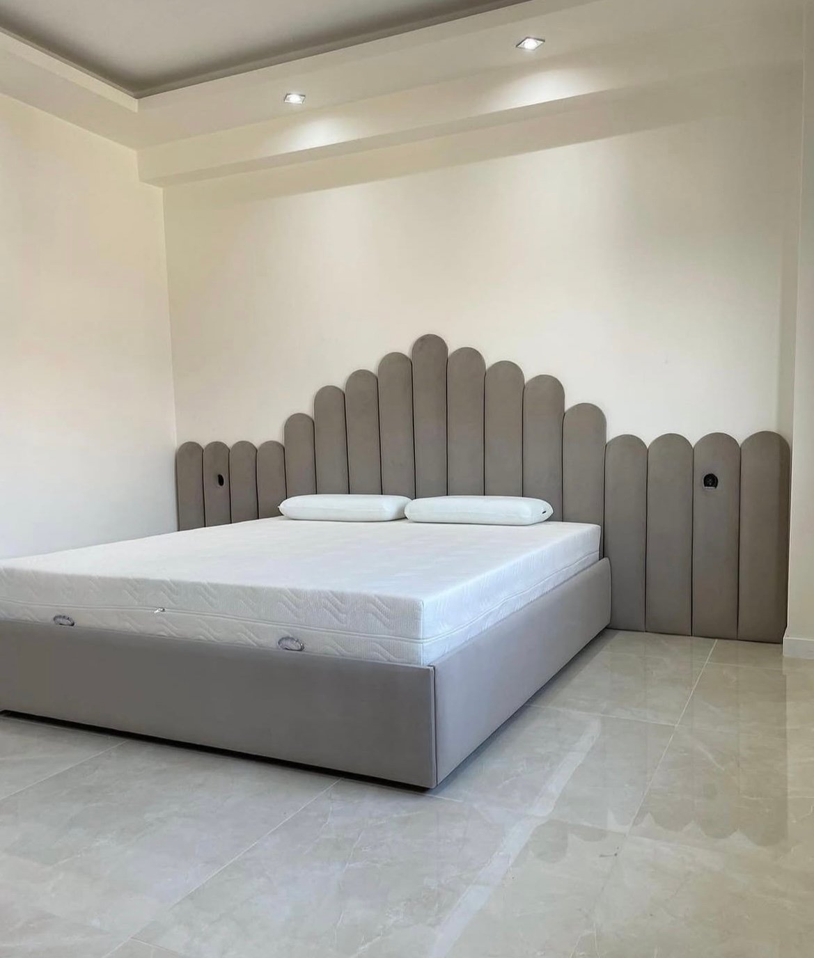 Scallop Crest Bed — Dove Grey Upholstery